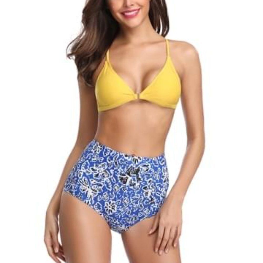 Yellow Criss Cross Triangle Bikini & Blue Floral High Waist Set